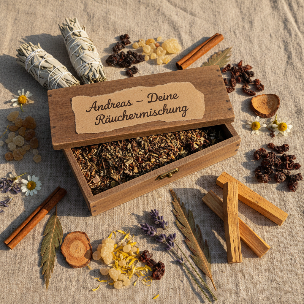 Rustikale Buchenholzschachtel mit handgeschriebenem Kraftpapier-Etikett, umgeben von Bio-Kräutern, Harzen, Palo Santo und getrockneten Blüten auf natürlichem Leinenstoff – individuelle MAFUMO Räuchermischung