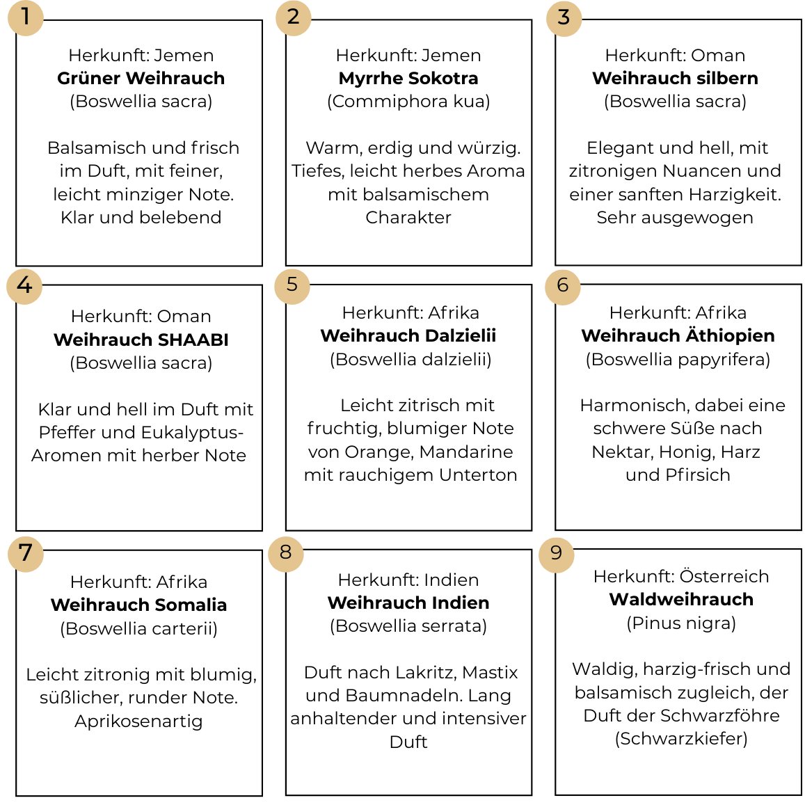 Flyer zur Weihrauch-Box, Storytelling zu allen neun Sorten nach Herkunft und Duftprofil