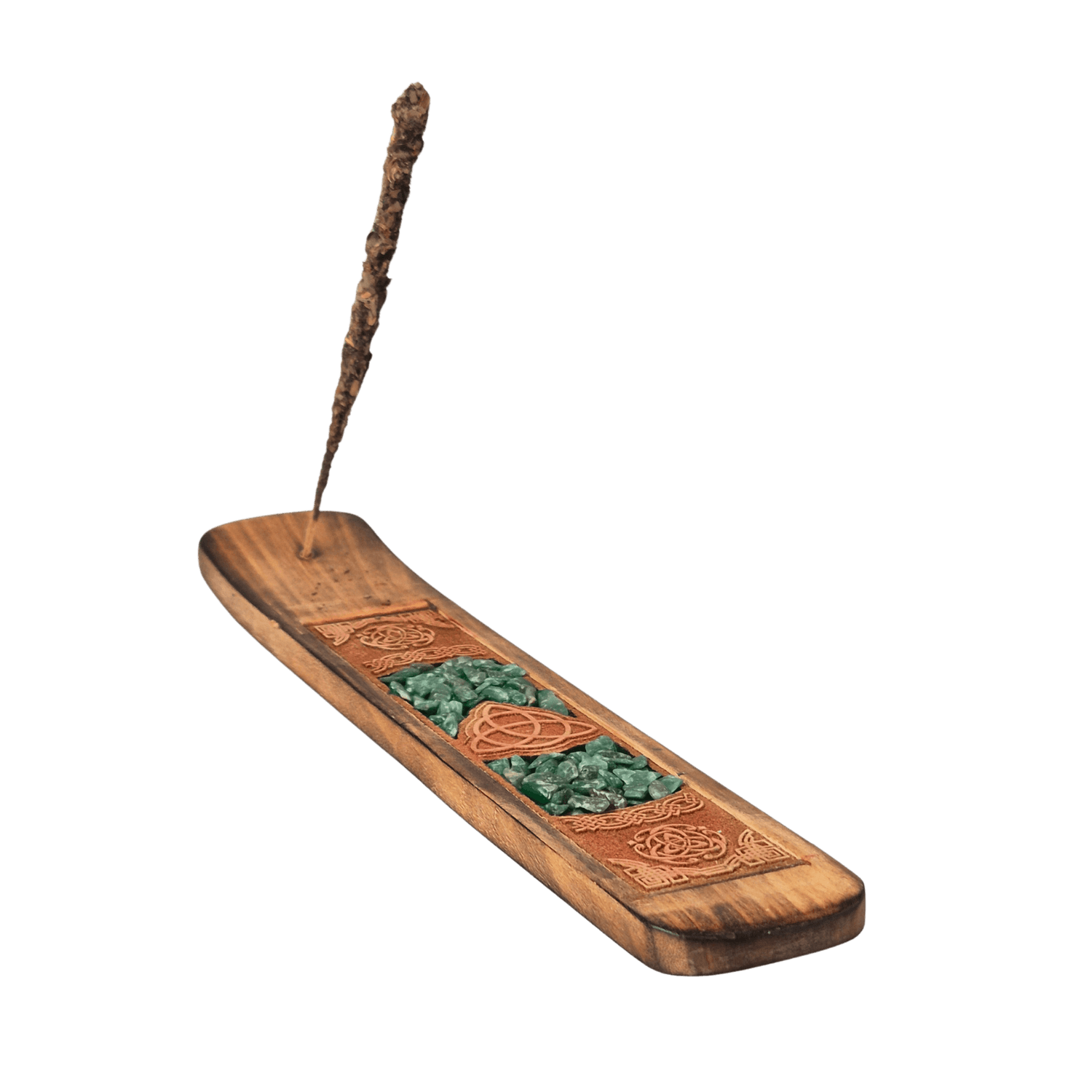 Stäbchenhalter im keltischen Design mit echten Adventurinsteinen eingelassen. Symbolisch steckt ein Räucherstäbchen im Halter.