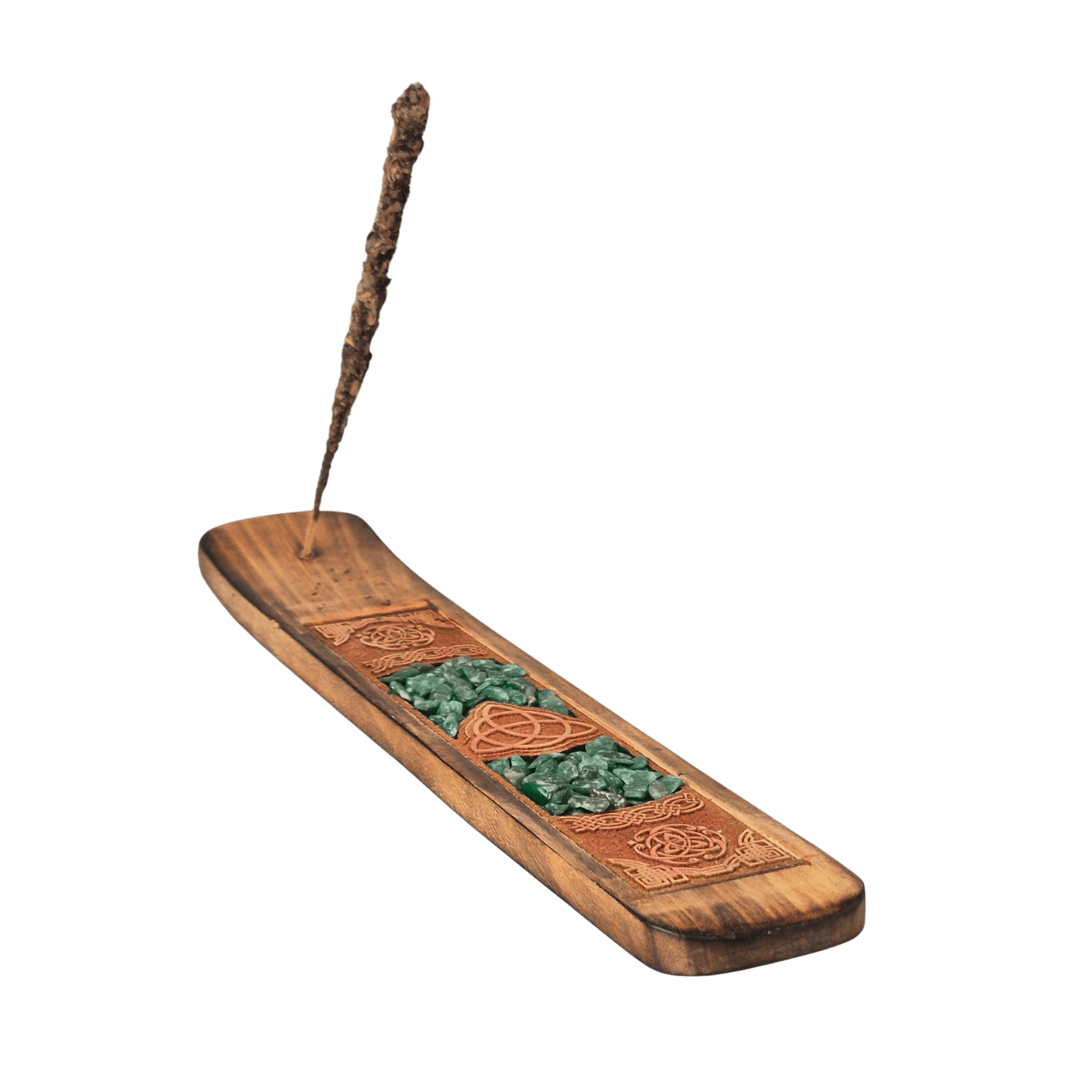 Stäbchenhalter im keltischen Design mit echten Adventurinsteinen eingelassen. Symbolisch steckt ein Räucherstäbchen im Halter.