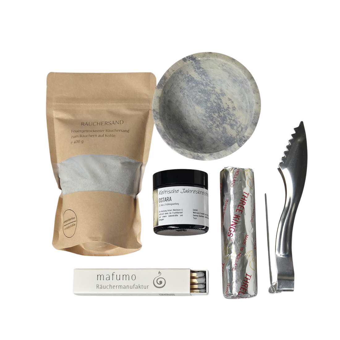 Räucher-Set zu den Keltischen Jahresfesten, bestehend aus Räuchersand, Zange, Räucherkohle, Zündhölzer, Specksteinschale und einer Räuchermischung zur Auswahl
