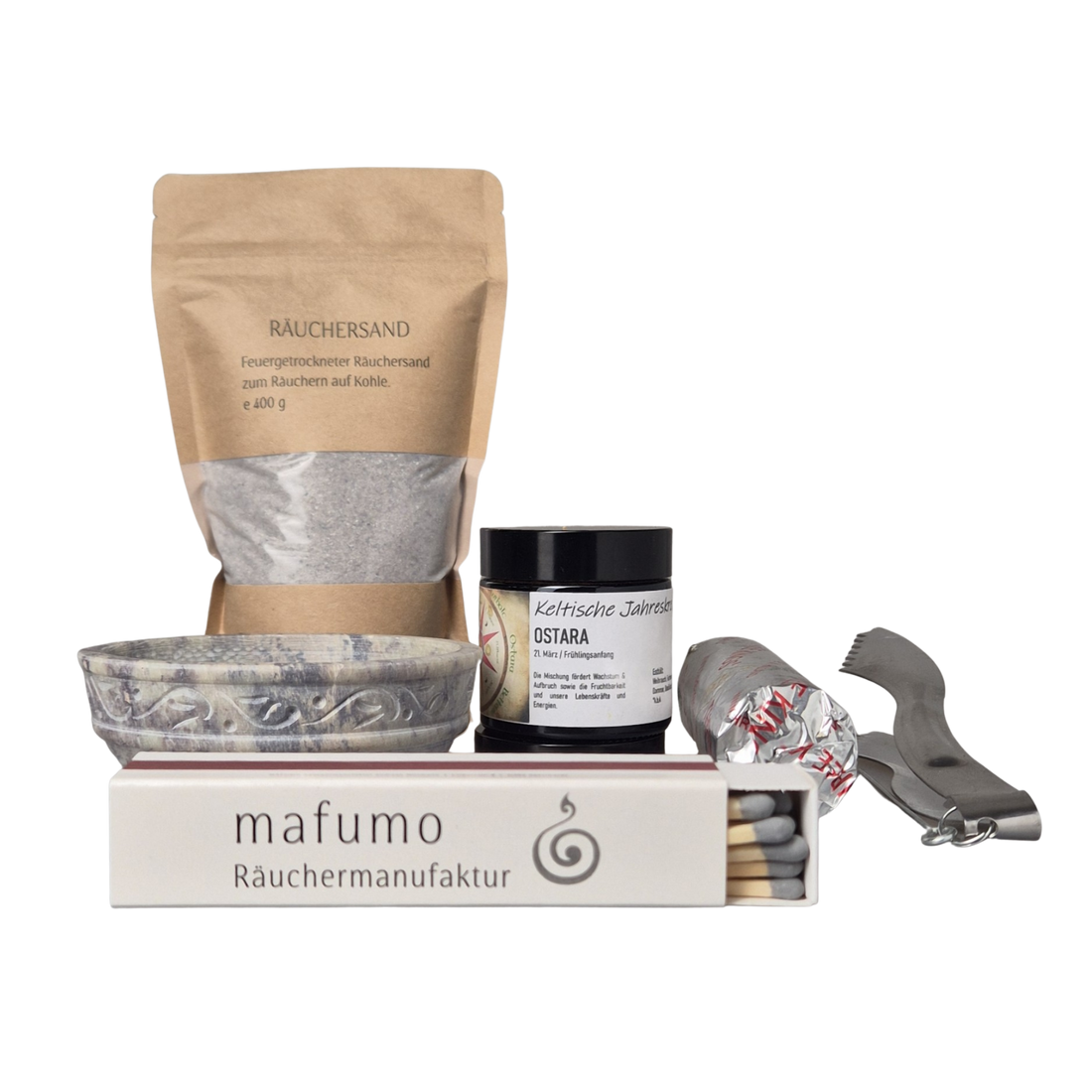 Räucher-Set zu den Keltischen Jahresfesten, bestehend aus Räuchersand, Zange, Räucherkohle, Zündhölzer, Specksteinschale und einer Räuchermischung zur Auswahl