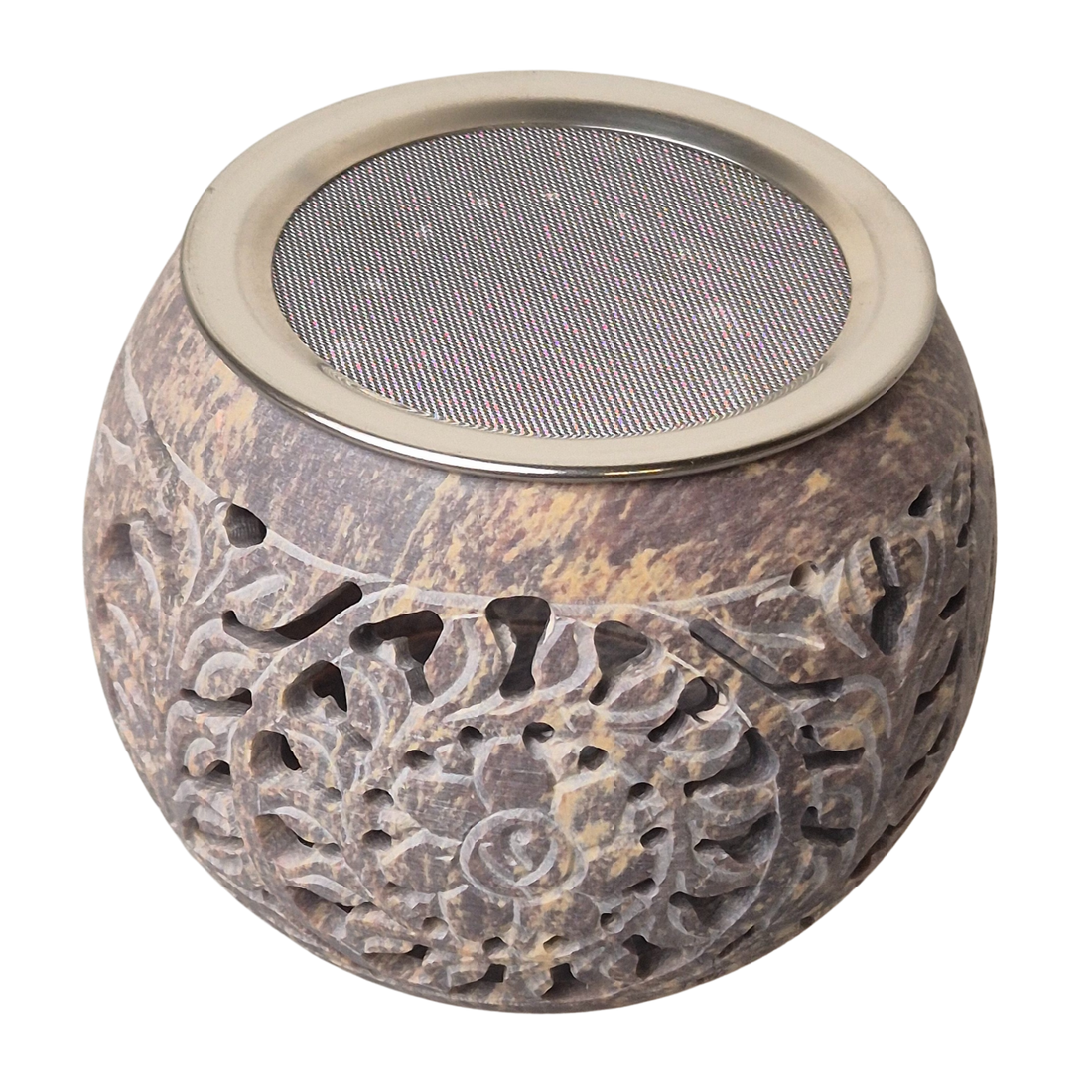 Speckstein mit Edelstahlsieb zum Räuchern, Räucherstövchen, Sieb mit einem d=ca. 9cm, h= ca. 9,5cm, bauchige Form 