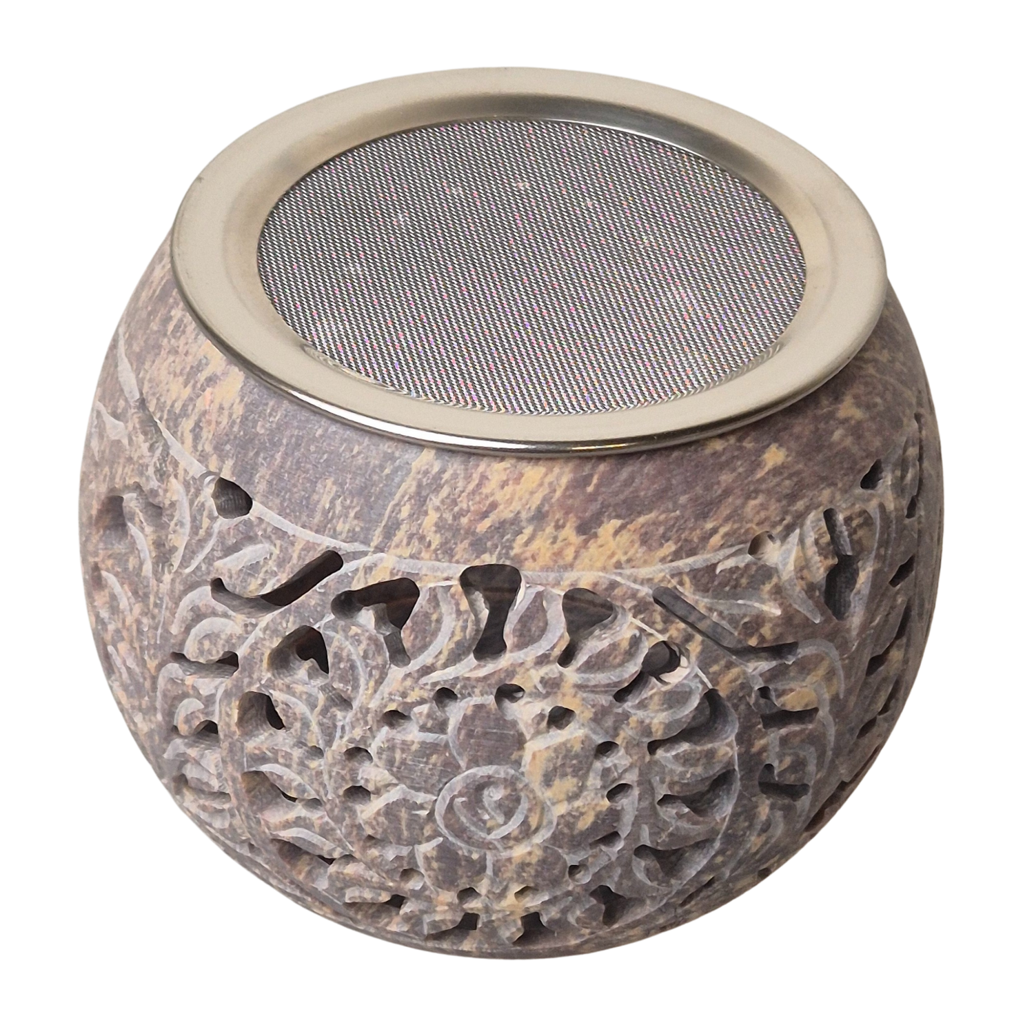 Speckstein mit Edelstahlsieb zum Räuchern, Räucherstövchen, Sieb mit einem d=ca. 9cm, h= ca. 9,5cm, bauchige Form 