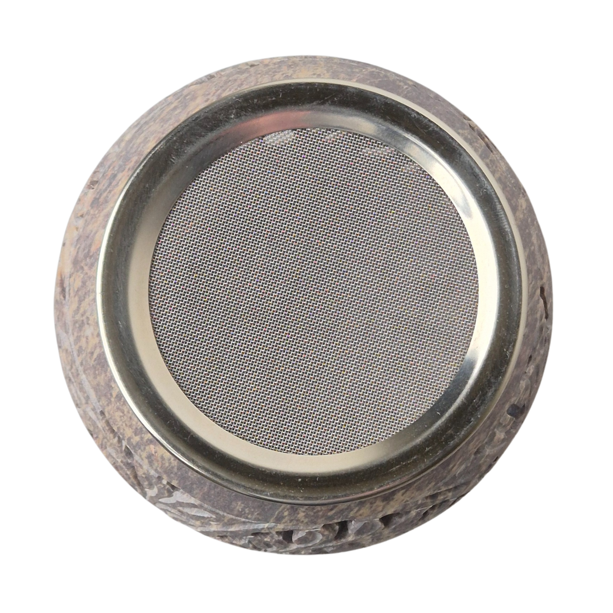 Speckstein mit Edelstahlsieb zum Räuchern, Räucherstövchen, Sieb mit einem d=ca. 9cm, h= ca. 9,5cm, bauchige Form 