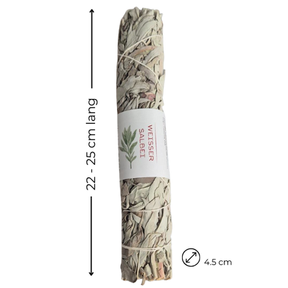 Smudge Weißer Salbei, Räucherbündel groß, 22-25cm lang. Der Weiße Salbei (White Sage) stammt aus Mexico und den USA. Kontrollierte Einfuhr!