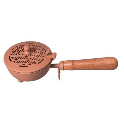 Räucherpfanne, Tragegefäß zum Räuchern auf Kohle mit praktischem Holzgriff zum halten und schwenken