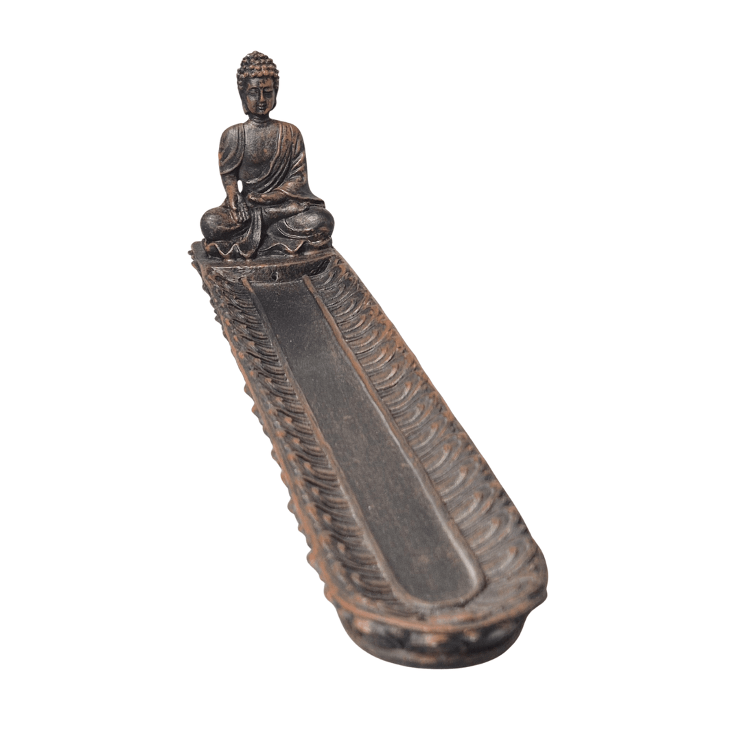 Räucherstäbchenhalter Buddha in Meditationshaltung auf länglicher Ablageschale, dunkle Bronze-Optik mit strukturiertem Rand – MAFUMO