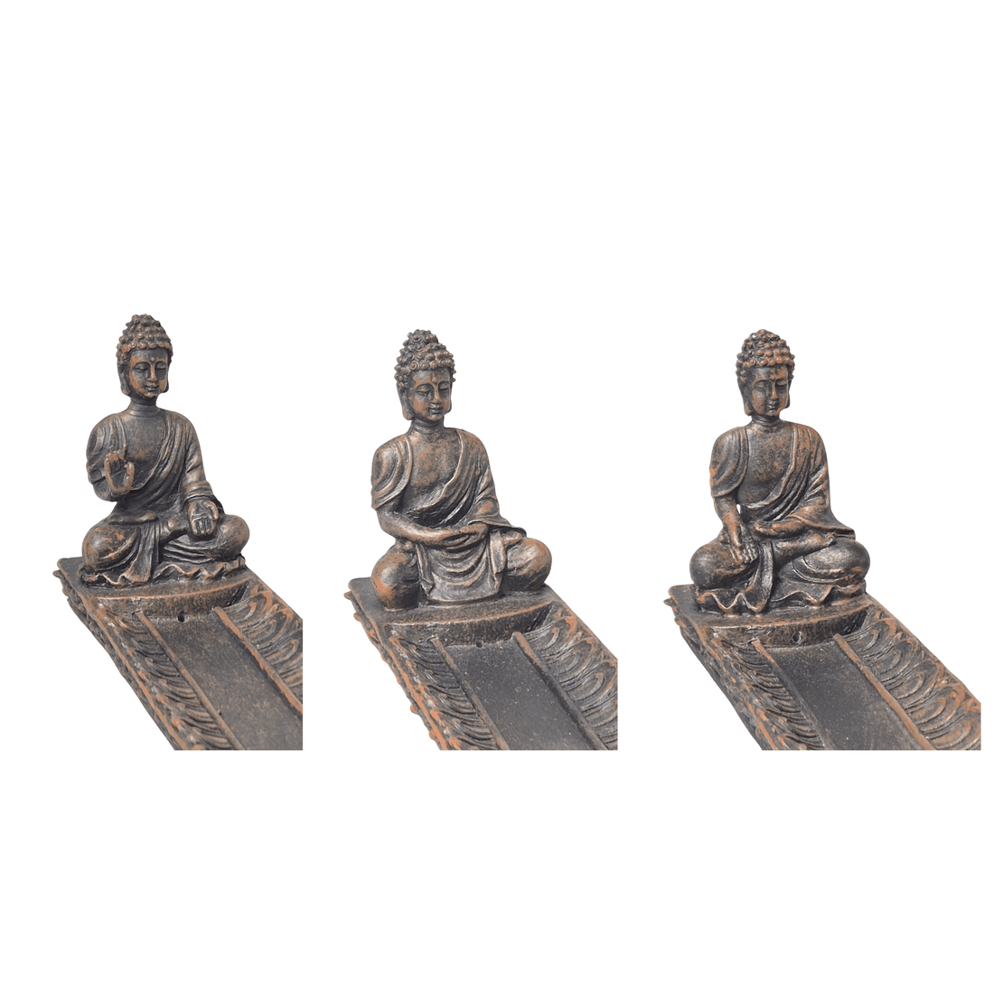 Räucherstäbchenhalter Buddha in meditativer Sitzhaltung, dunkle Bronze-Optik, mit Ablage für Räucherstäbchen – MAFUMO