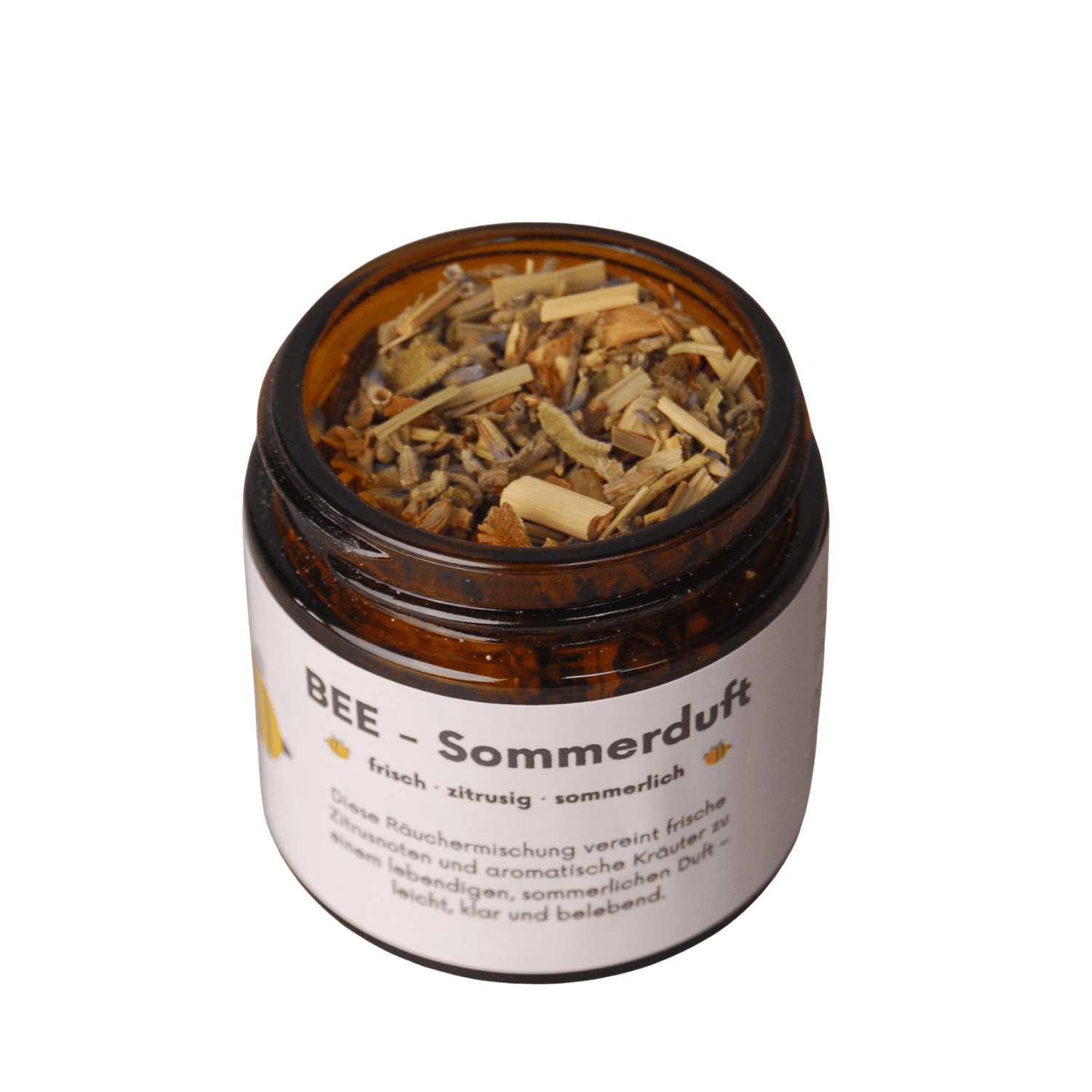 AFUMO Räuchermischung BEE SOMMERDUFT – Blick in den offenen Glastiegel mit naturreinen Kräutern und Harzen