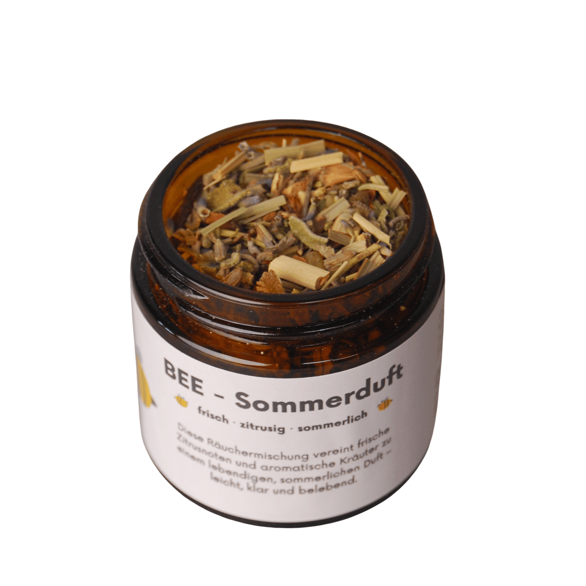 AFUMO Räuchermischung BEE SOMMERDUFT – Blick in den offenen Glastiegel mit naturreinen Kräutern und Harzen