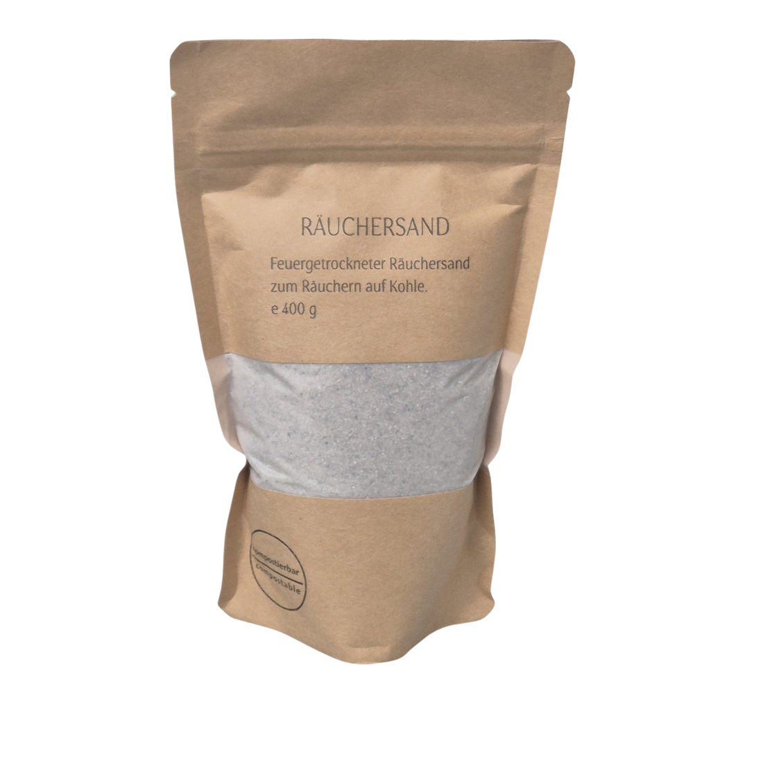 Feuergetrockneter Räuchersand, Feuersand, Räuchern mit Kohle, Räuchern mit Sieb, Räucherwerk, nachhaltige Verpackung, wieder Verschließbar, kompostierbar,  Räuchermanufaktur, Räucherzubehör, Inhalt 400 gramm
