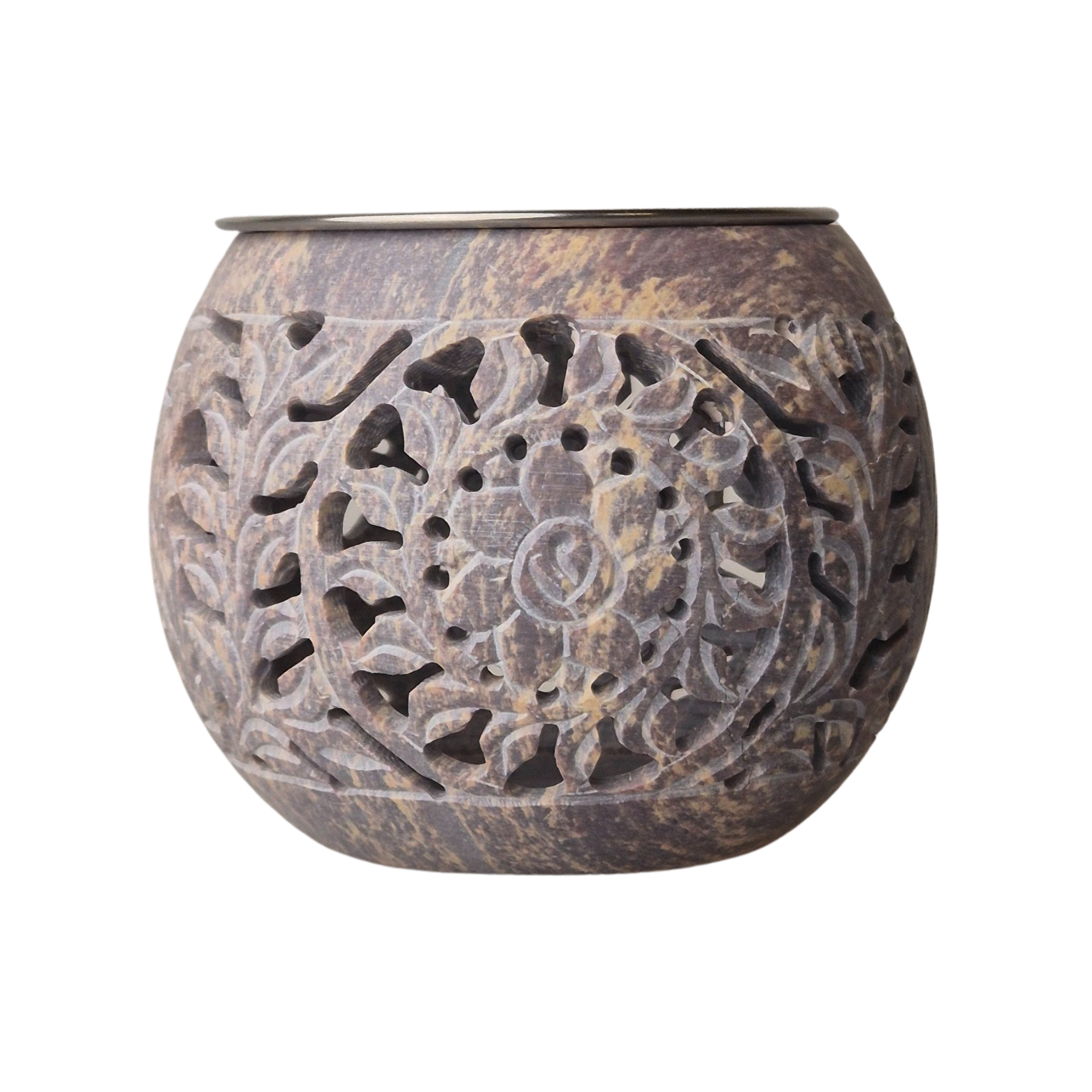 Speckstein mit Edelstahlsieb zum Räuchern, Räucherstövchen, Sieb mit einem d=ca. 9cm, h= ca. 9,5cm, bauchige Form 