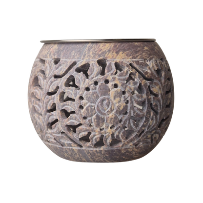 Speckstein mit Edelstahlsieb zum Räuchern, Räucherstövchen, Sieb mit einem d=ca. 9cm, h= ca. 9,5cm, bauchige Form 