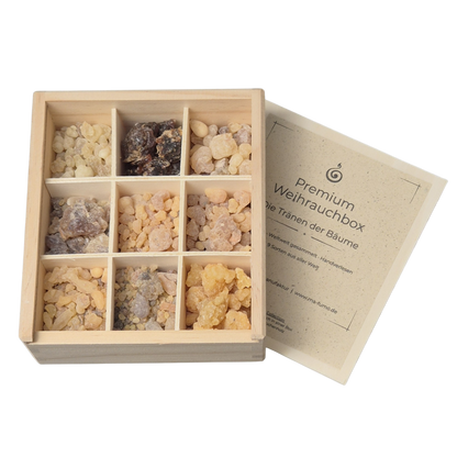 Premium Weihrauch-Box mit 9 erlesenen Weihrauchsorten aus aller Welt. Bild zeigt die geöffnete Box