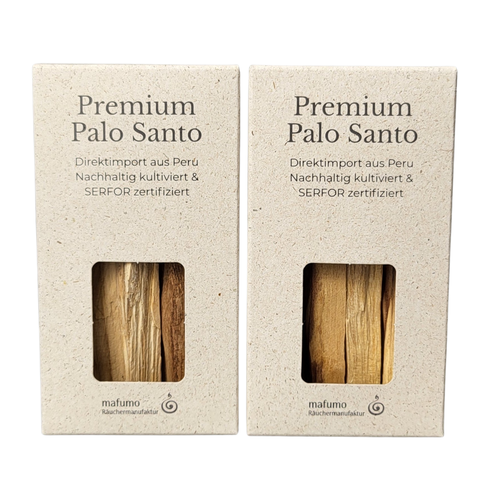 Verpackung von unserem Palo Santo in der nachhaltigen Graspapier-Box. Zertifiziertes Palo Santo Räucherholz, mind. 14 Sticks  in der Doppelbox mit ca. 10 cm Länge