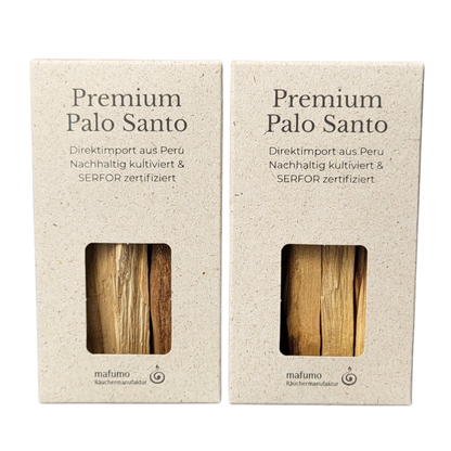 Bild zeigt 2 Schachteln aus Graspapier mit je 60g Palo Santo Sticks - mind. 14 Stäbchen